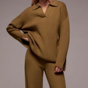 ZARA OVERSIZED SWEATER COLLARED V NECK WRIST VENTS WOMENS LARGE BROWN GREEN Rib